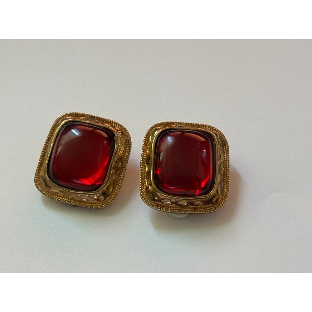 Designer LOUIS DELL' OLIO Gold Tone & Red Glass Statement Earrings